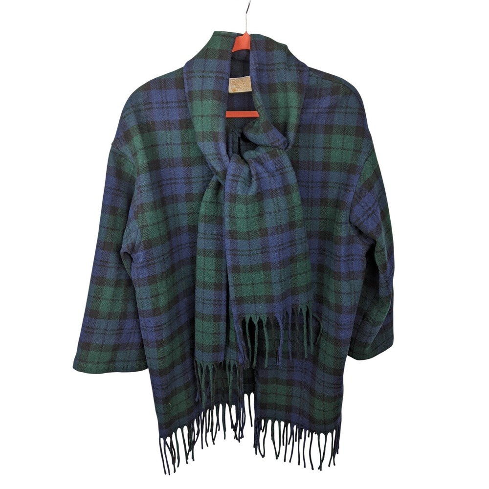 Pendleton Wool Scarf Wrap Jacket Plaid Black Watch Tartan Fringe Green Blue USA
